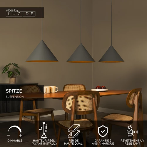Lucide SPITZE - Suspension - 3xE27 - Gris | Vibes - USP
